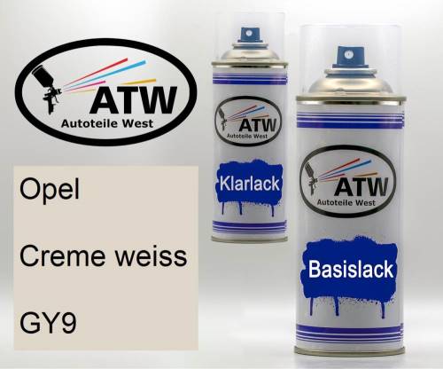 Opel, Creme weiss, GY9: 400ml Sprühdose + 400ml Klarlack - Set, von ATW Autoteile West.